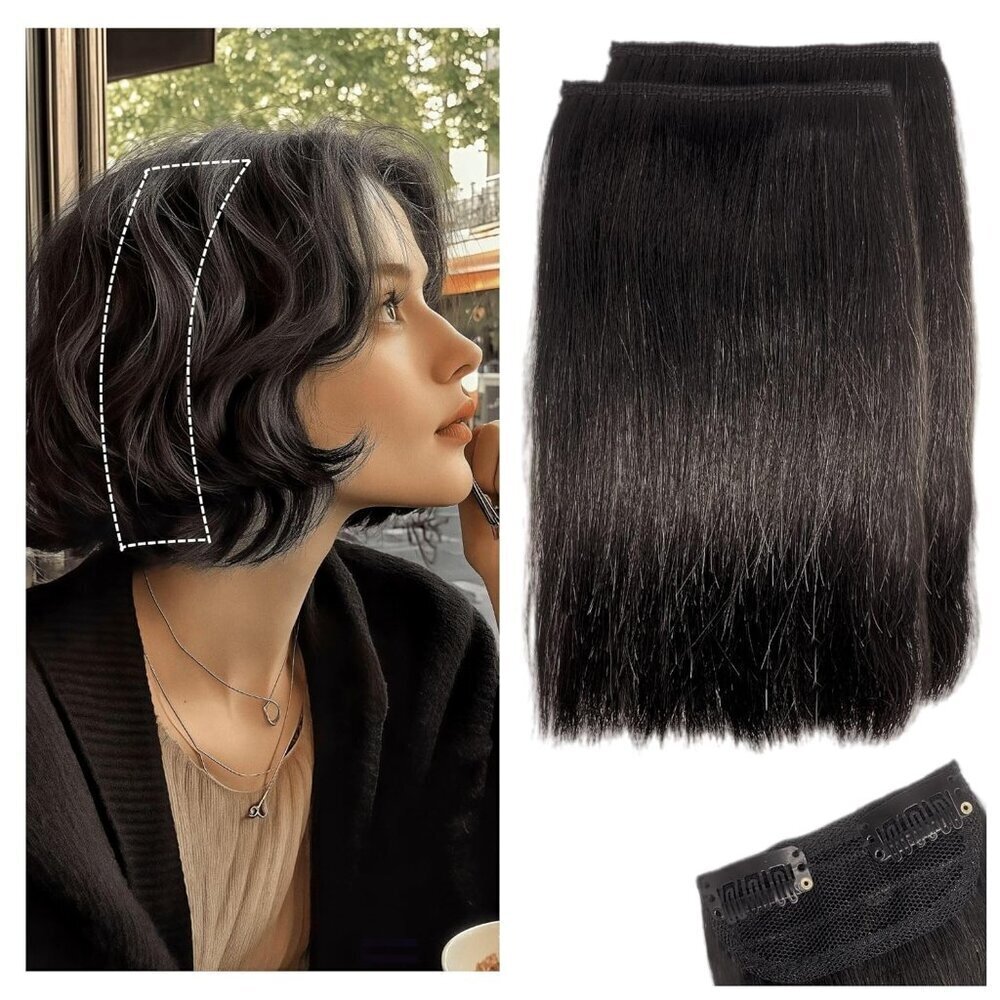 Human Hair Extensions 6 Inch Short Toppers for Fine Thin Hair Natural Black